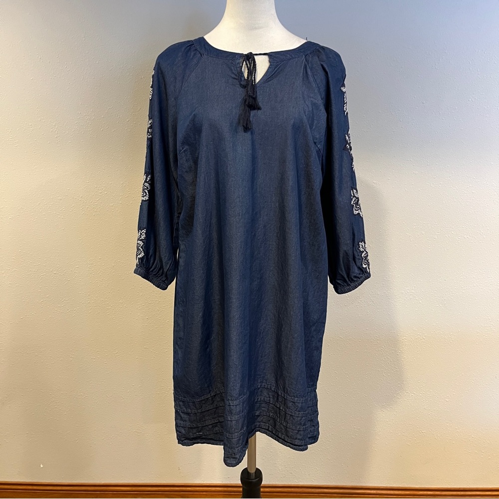 New Directions loose fit embroidered long sleeve Navy mini dress size small